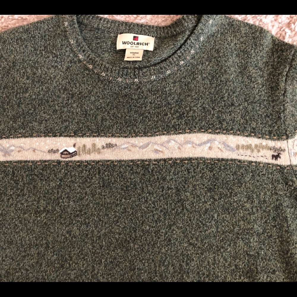 Woolrich Sweater XL, Green, Cabin, Moose, Women
